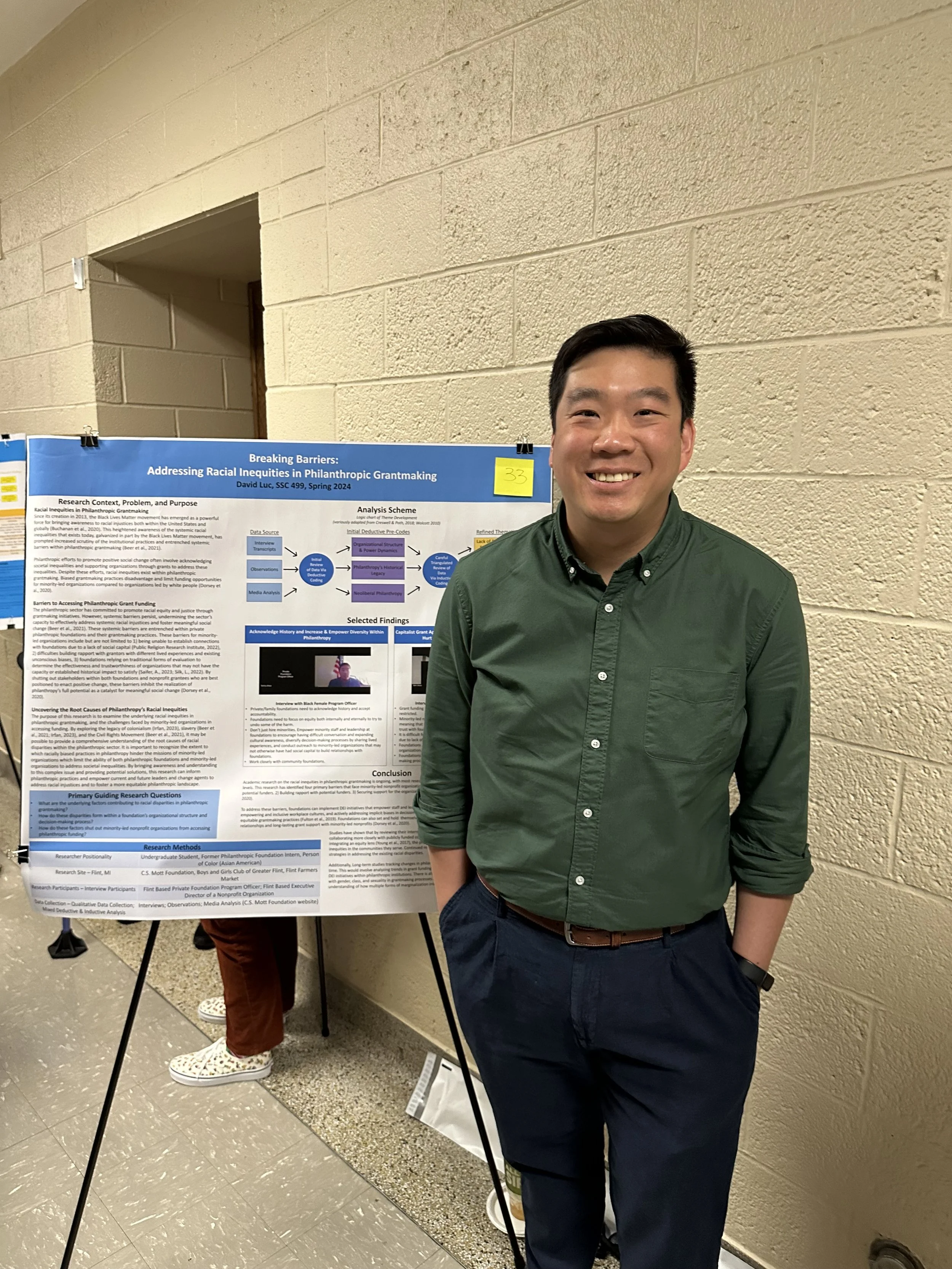 Photo of student standing in front of research poster which is one an easel. 