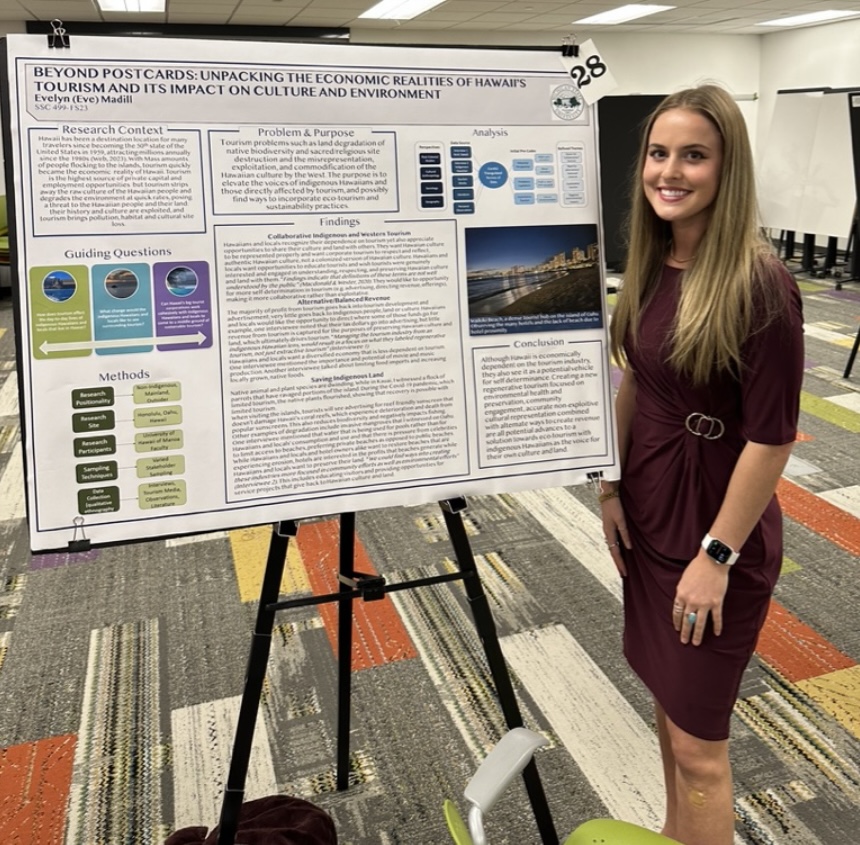 Photo of student standing in front of research poster which is one an easel. 