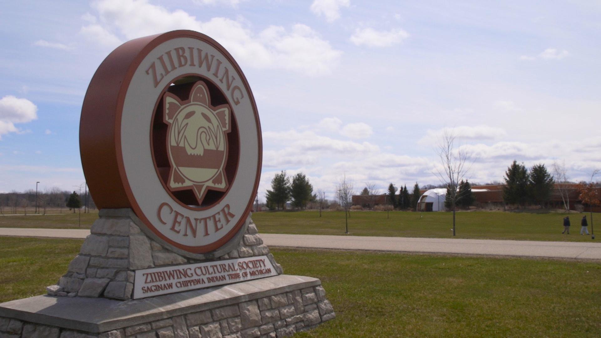Outdoor sign for Ziibiwing Center in Mt Pleasant, Michigan.